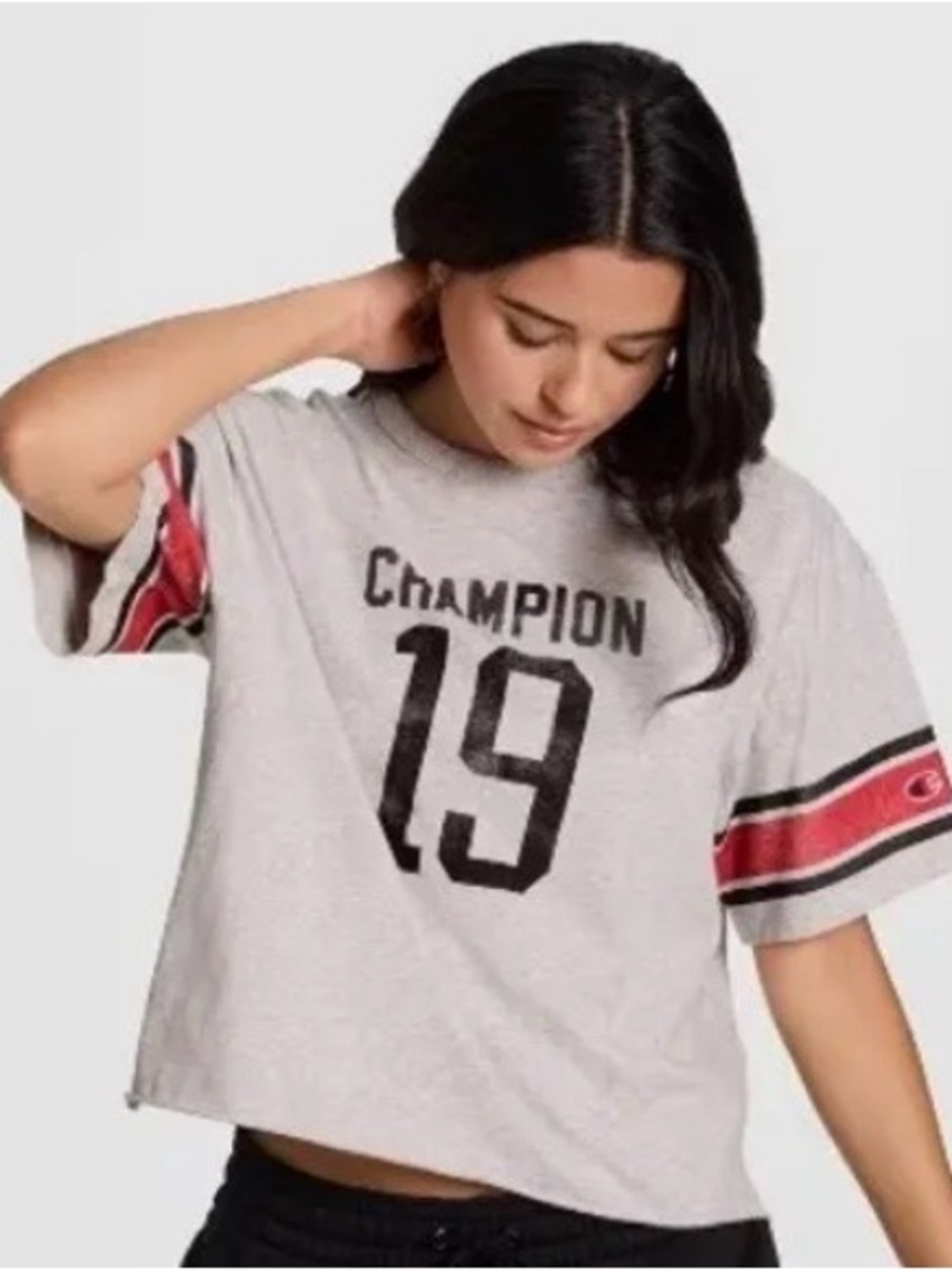 Champion Light Gray Tee with Black Logo and Red Sleeve Stripes